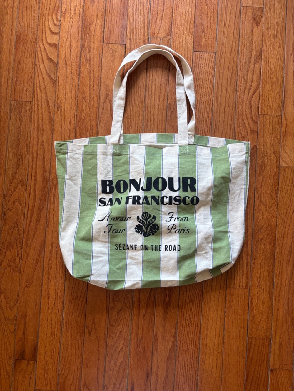 Sezane Green & Cream Striped 'Bonjour San Francisco' Canvas Tote